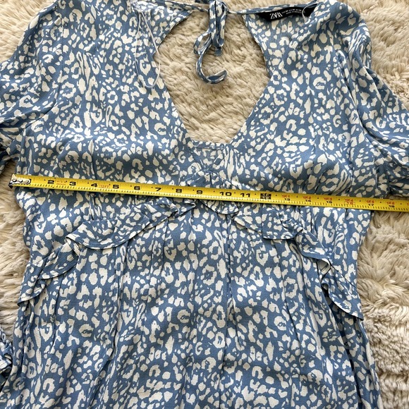 Zara Blue Floral Long Sleeve Ruffle Boho Dress with Keyhole Back and Tie Size M - Picture 6 of 8